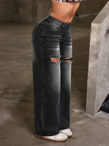 SHEIN SXY Single Button Cut Out Ripped Frayed Wide Leg Jeans